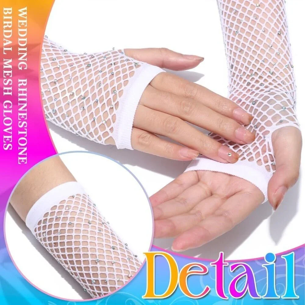 Women's Fingerless Rhinestone Sparkly White Rave Mesh Gloves Fishnet Party Prom